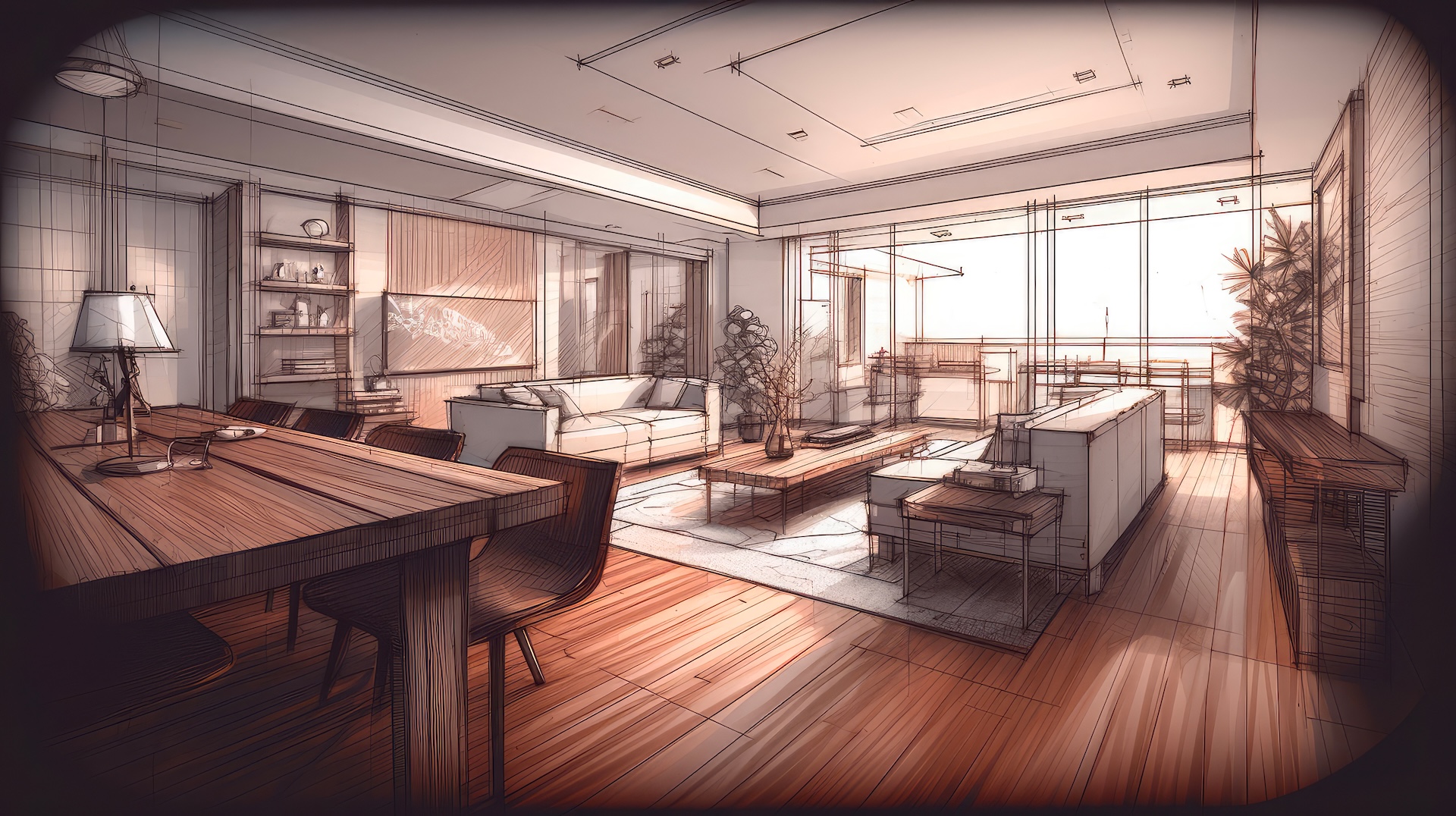 Abstract sketch design of interior living. Generative AI